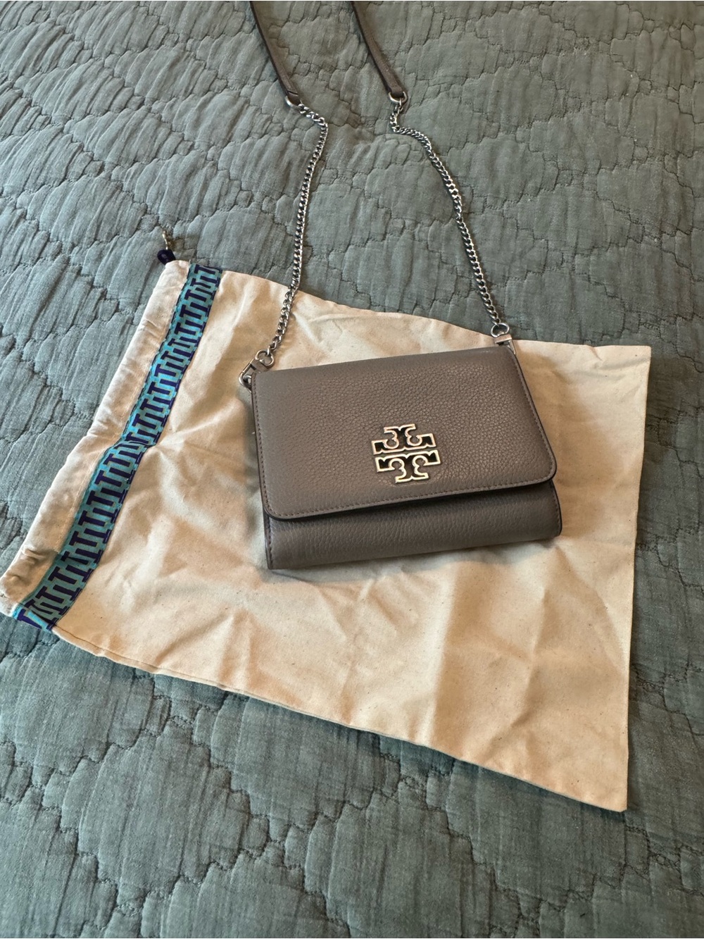 Tory Burch Taupe Pebbled Leather Logo Chain Crossbody